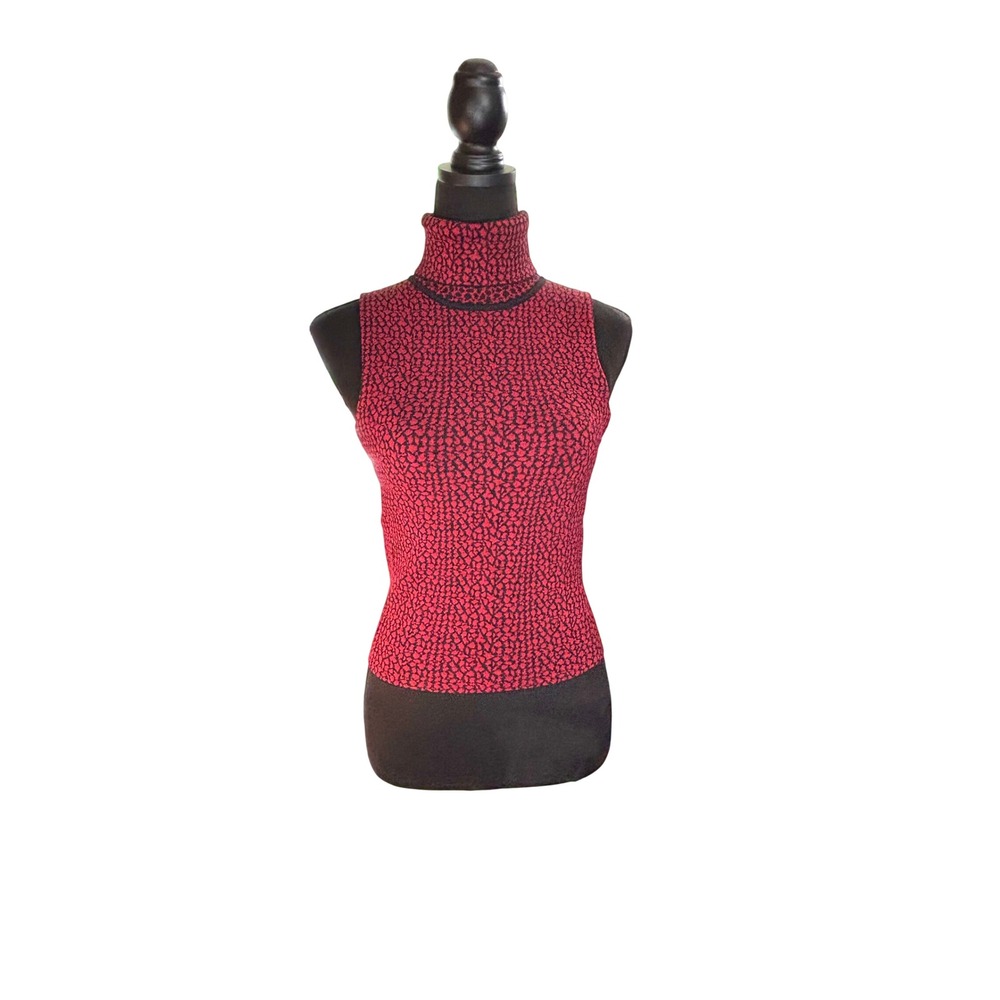 Cinq‎ a Sept Red Black Pebble Print Sleeveless Turtleneck Knit Top XS